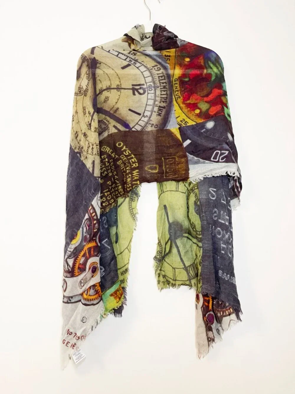 Wearable Art Wool Blend Clock Scarf Watch Print Fringe Wrap Shawl NWT GIft
